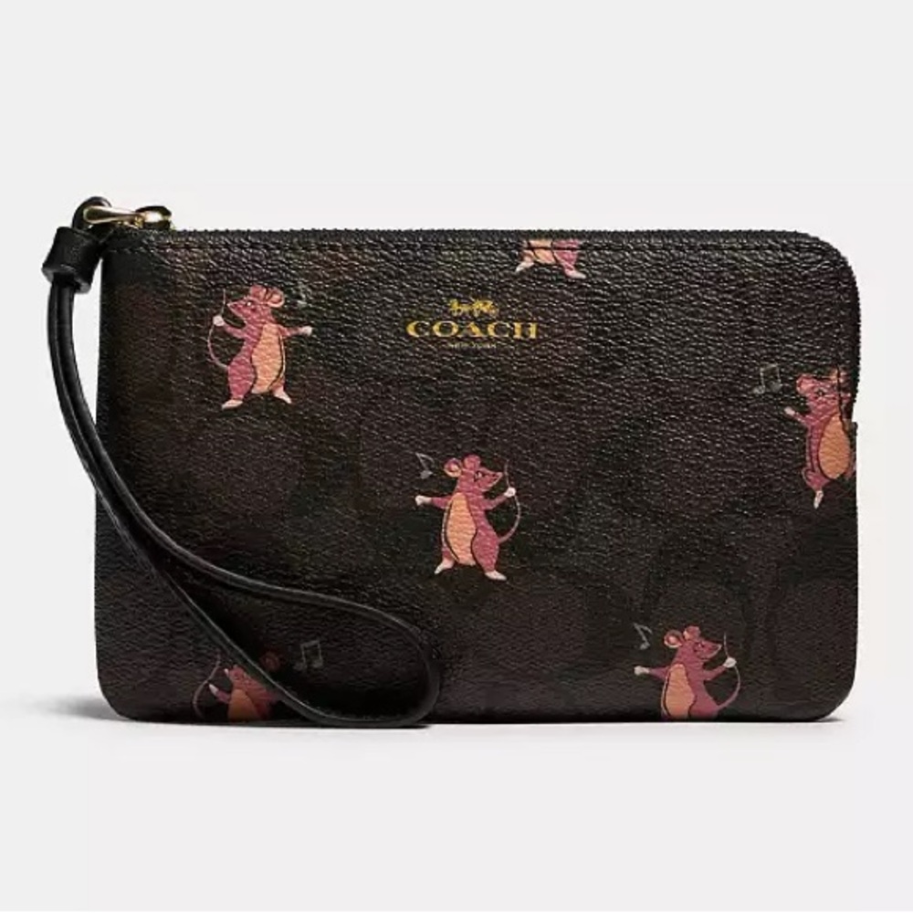 Coach Corner Zip Wristlet In Signature Canvas With Party Mouse Print